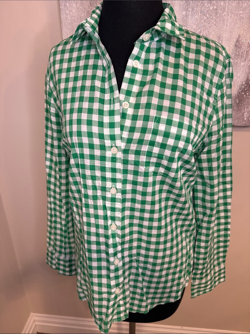 J. Crew Green and White Gingham Button-Up Shirt size Medium